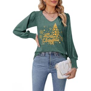 imageDokotoo Womens Casual Long Sleeve Shirts Shirred Shoulders Solid Color Knit Tops BlousesChristmas Blackish Green 3