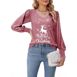 imageDokotoo Womens Casual Long Sleeve Shirts Shirred Shoulders Solid Color Knit Tops BlousesChristmas Mineral Red 1