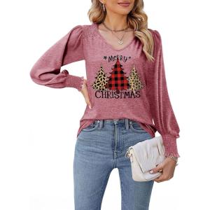 imageDokotoo Womens Casual Long Sleeve Shirts Shirred Shoulders Solid Color Knit Tops BlousesChristmas Mineral Red 3