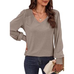 imageDokotoo Womens Casual Long Sleeve Shirts Shirred Shoulders Solid Color Knit Tops BlousesDark Khaki
