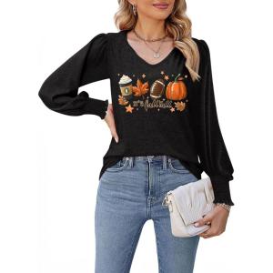 imageDokotoo Womens Casual Long Sleeve Shirts Shirred Shoulders Solid Color Knit Tops BlousesHalloween Black 1