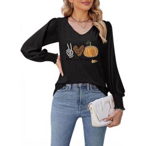 imageDokotoo Womens Casual Long Sleeve Shirts Shirred Shoulders Solid Color Knit Tops BlousesHalloween Black 2