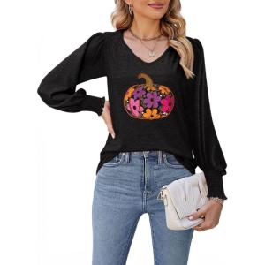imageDokotoo Womens Casual Long Sleeve Shirts Shirred Shoulders Solid Color Knit Tops BlousesHalloween Black 3