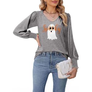 imageDokotoo Womens Casual Long Sleeve Shirts Shirred Shoulders Solid Color Knit Tops BlousesHalloween Medium Grey 2