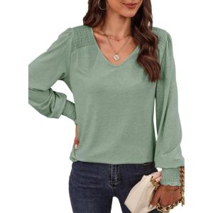imageDokotoo Womens Casual Long Sleeve Shirts Shirred Shoulders Solid Color Knit Tops BlousesMeadow Mist Green