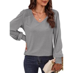imageDokotoo Womens Casual Long Sleeve Shirts Shirred Shoulders Solid Color Knit Tops BlousesMedium Grey