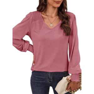 imageDokotoo Womens Casual Long Sleeve Shirts Shirred Shoulders Solid Color Knit Tops BlousesMineral Red