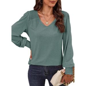 imageDokotoo Womens Casual Long Sleeve Shirts Shirred Shoulders Solid Color Knit Tops BlousesMist Green
