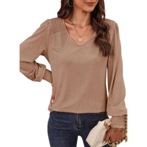 imageDokotoo Womens Casual Long Sleeve Shirts Shirred Shoulders Solid Color Knit Tops BlousesPale Khaki