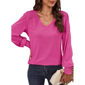 imageDokotoo Womens Casual Long Sleeve Shirts Shirred Shoulders Solid Color Knit Tops BlousesRose Red