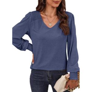 imageDokotoo Womens Casual Long Sleeve Shirts Shirred Shoulders Solid Color Knit Tops BlousesSail Blue