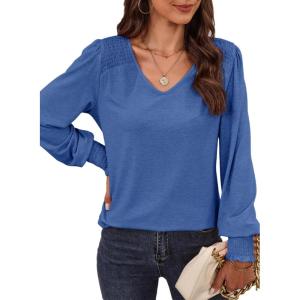 imageDokotoo Womens Casual Long Sleeve Shirts Shirred Shoulders Solid Color Knit Tops BlousesSky Blue