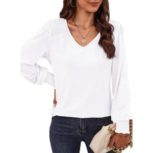 imageDokotoo Womens Casual Long Sleeve Shirts Shirred Shoulders Solid Color Knit Tops BlousesWhite