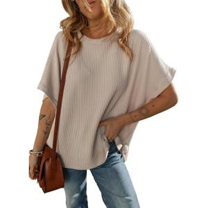 imageDokotoo Womens Casual Oversized Short Sleeve Solid Color Loose Texture Knit Tunic Tops BlousesApricot