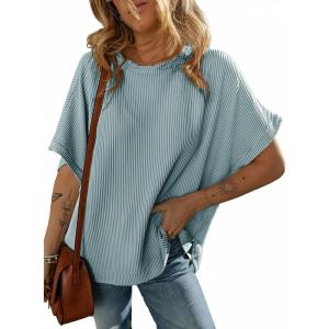 imageDokotoo Womens Casual Oversized Short Sleeve Solid Color Loose Texture Knit Tunic Tops BlousesBeau Blue