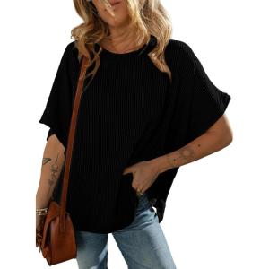 imageDokotoo Womens Casual Oversized Short Sleeve Solid Color Loose Texture Knit Tunic Tops BlousesBlack