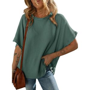 imageDokotoo Womens Casual Oversized Short Sleeve Solid Color Loose Texture Knit Tunic Tops BlousesBlackish Green