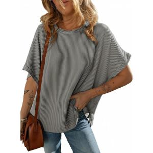 imageDokotoo Womens Casual Oversized Short Sleeve Solid Color Loose Texture Knit Tunic Tops BlousesDark Grey