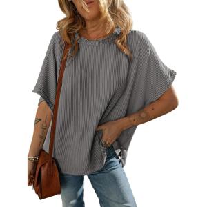 imageDokotoo Womens Casual Oversized Short Sleeve Solid Color Loose Texture Knit Tunic Tops BlousesGrey