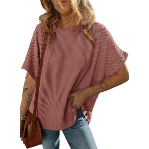imageDokotoo Womens Casual Oversized Short Sleeve Solid Color Loose Texture Knit Tunic Tops BlousesMineral Red