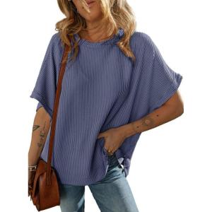 imageDokotoo Womens Casual Oversized Short Sleeve Solid Color Loose Texture Knit Tunic Tops BlousesNavy Blue