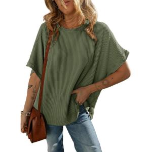 imageDokotoo Womens Casual Oversized Short Sleeve Solid Color Loose Texture Knit Tunic Tops BlousesVineyard Green