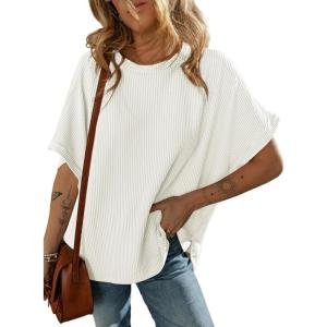 imageDokotoo Womens Casual Oversized Short Sleeve Solid Color Loose Texture Knit Tunic Tops BlousesWhite