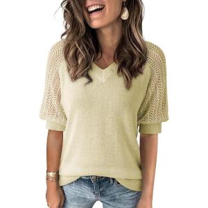 imageDokotoo Womens Casual Short Sleeve Loose Crochet Tunic Tops Lightweight Knit Pullover Sweater BlousesApricot
