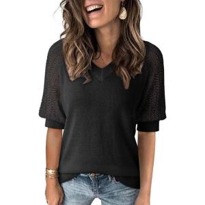 imageDokotoo Womens Casual Short Sleeve Loose Crochet Tunic Tops Lightweight Knit Pullover Sweater BlousesBlack