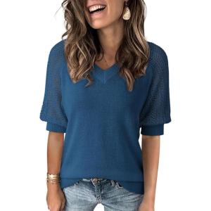 imageDokotoo Womens Casual Short Sleeve Loose Crochet Tunic Tops Lightweight Knit Pullover Sweater BlousesBlue