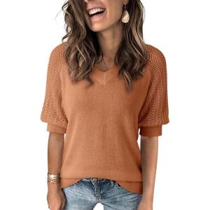 imageDokotoo Womens Casual Short Sleeve Loose Crochet Tunic Tops Lightweight Knit Pullover Sweater BlousesGold Flame