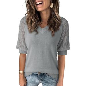 imageDokotoo Womens Casual Short Sleeve Loose Crochet Tunic Tops Lightweight Knit Pullover Sweater BlousesGrey