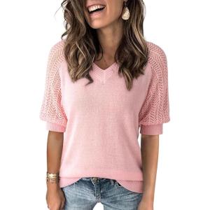imageDokotoo Womens Casual Short Sleeve Loose Crochet Tunic Tops Lightweight Knit Pullover Sweater BlousesPink