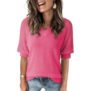 imageDokotoo Womens Casual Short Sleeve Loose Crochet Tunic Tops Lightweight Knit Pullover Sweater BlousesRose Red