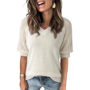imageDokotoo Womens Casual Short Sleeve Loose Crochet Tunic Tops Lightweight Knit Pullover Sweater BlousesWhite