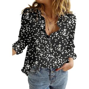 imageDokotoo Womens Casual V Neck Alicia Floral Print Roll Up Long Sleeve Chiffon Button Down Blouses Bohemian Top ShirtsBlack