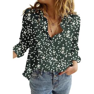 imageDokotoo Womens Casual V Neck Alicia Floral Print Roll Up Long Sleeve Chiffon Button Down Blouses Bohemian Top ShirtsGreen