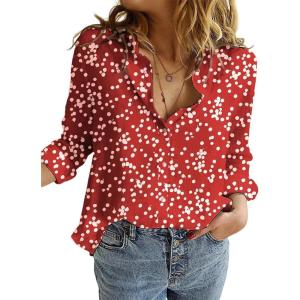 imageDokotoo Womens Casual V Neck Alicia Floral Print Roll Up Long Sleeve Chiffon Button Down Blouses Bohemian Top ShirtsRed