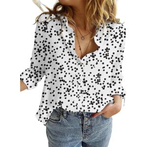imageDokotoo Womens Casual V Neck Alicia Floral Print Roll Up Long Sleeve Chiffon Button Down Blouses Bohemian Top ShirtsWhite