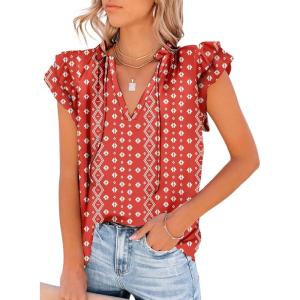 imageDokotoo Womens Casual V Neck Tops Drawstring Short Sleeve T Shirt BlousesB Red