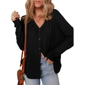 imageDokotoo Womens Casual V Neck Waffle Knit Button Down Long Sleeve Shirts Loose TopsBlack