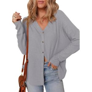 imageDokotoo Womens Casual V Neck Waffle Knit Button Down Long Sleeve Shirts Loose TopsLight Grey