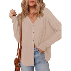 imageDokotoo Womens Casual V Neck Waffle Knit Button Down Long Sleeve Shirts Loose TopsParchment