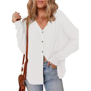 imageDokotoo Womens Casual V Neck Waffle Knit Button Down Long Sleeve Shirts Loose TopsWhite