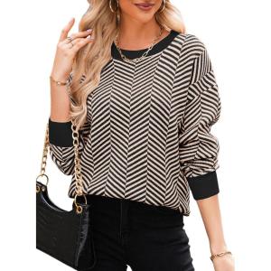 imageDokotoo Womens Crewneck Cute Sweaters 2024 Striped Colorblock Fall Winter Knitted Pullover TopsApricot Stripe