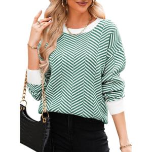 imageDokotoo Womens Crewneck Cute Sweaters 2024 Striped Colorblock Fall Winter Knitted Pullover TopsEvergreen