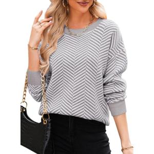 imageDokotoo Womens Crewneck Cute Sweaters 2024 Striped Colorblock Fall Winter Knitted Pullover TopsGray Stripe