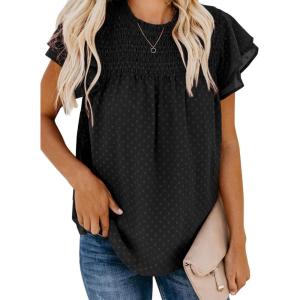 imageDokotoo Womens Crewneck Lace Crochet Pom Pom Flowy Short Sleeve Casual Shirts Blouses TopsC Black