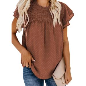 imageDokotoo Womens Crewneck Lace Crochet Pom Pom Flowy Short Sleeve Casual Shirts Blouses TopsC Brown