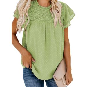 imageDokotoo Womens Crewneck Lace Crochet Pom Pom Flowy Short Sleeve Casual Shirts Blouses TopsC Light Green
